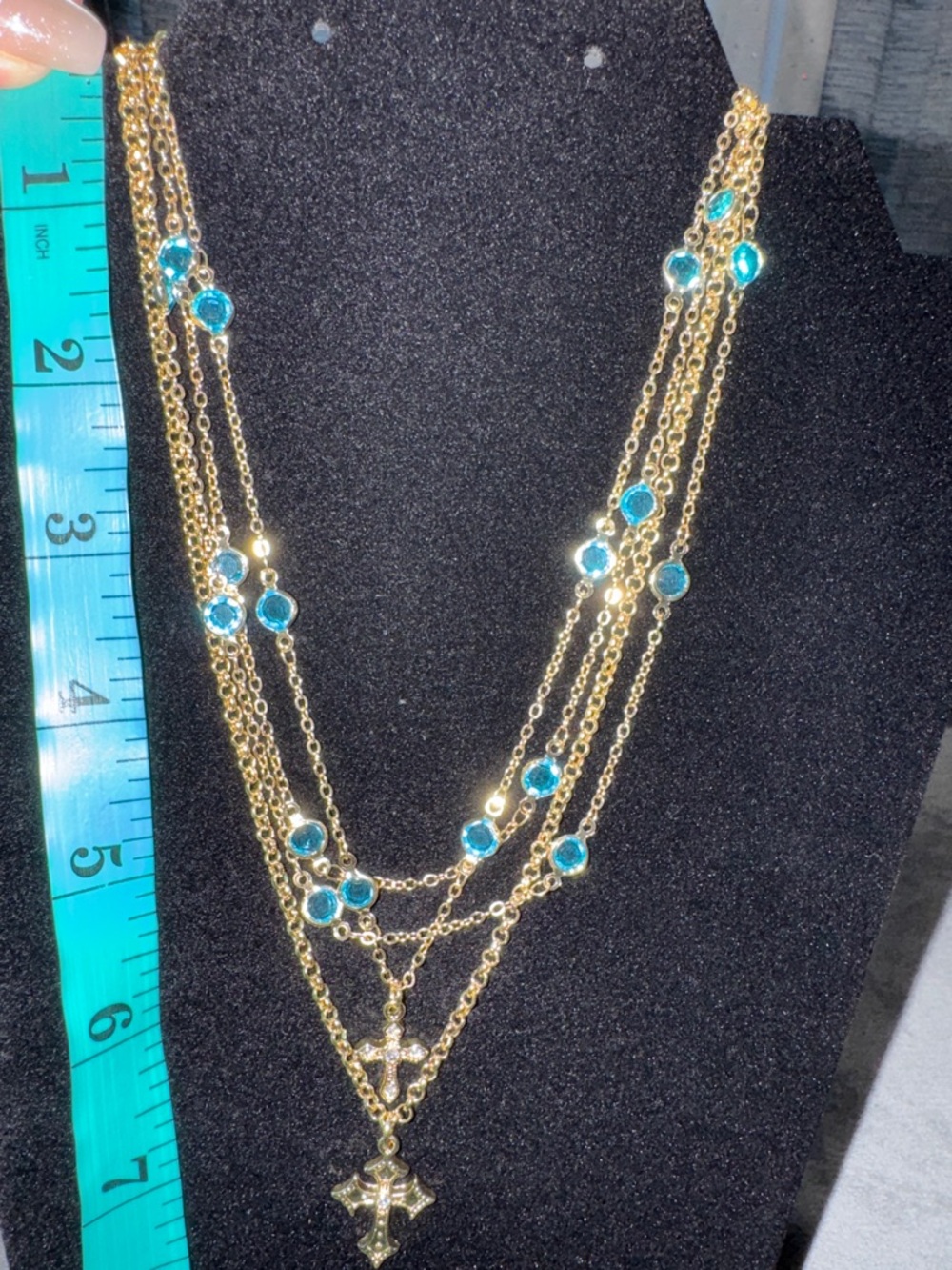 Gold Layered Cross Necklace with Turquoise Crystal Gems NIB - Picture 9 of 9